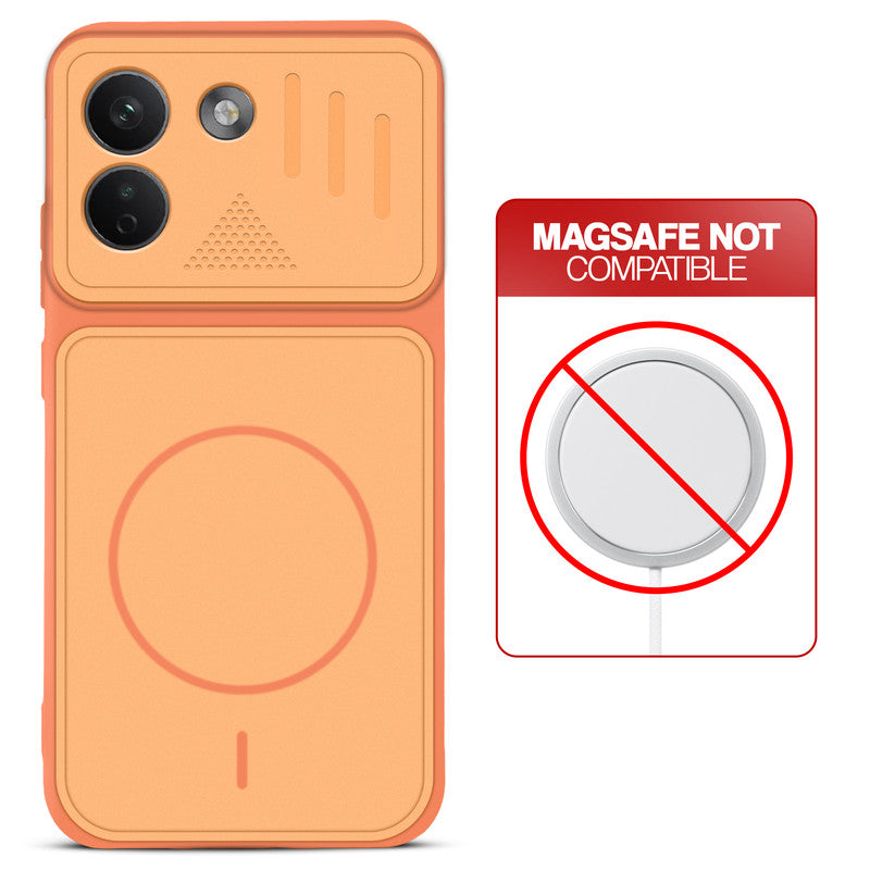 Orange back cover for Redmi Note 17 Pro Max 5G with printed ring pattern and message showing not compatible with MagSafe charging.
