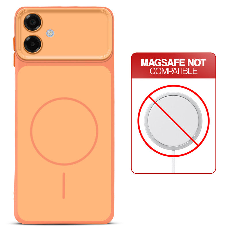 Dual tone silicone Orange phone cover for Samsung A07 5G showing wireless charging not supported notice