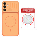 Orange back cover for Samsung A16 5G with printed ring pattern and message showing not compatible with MagSafe charging.