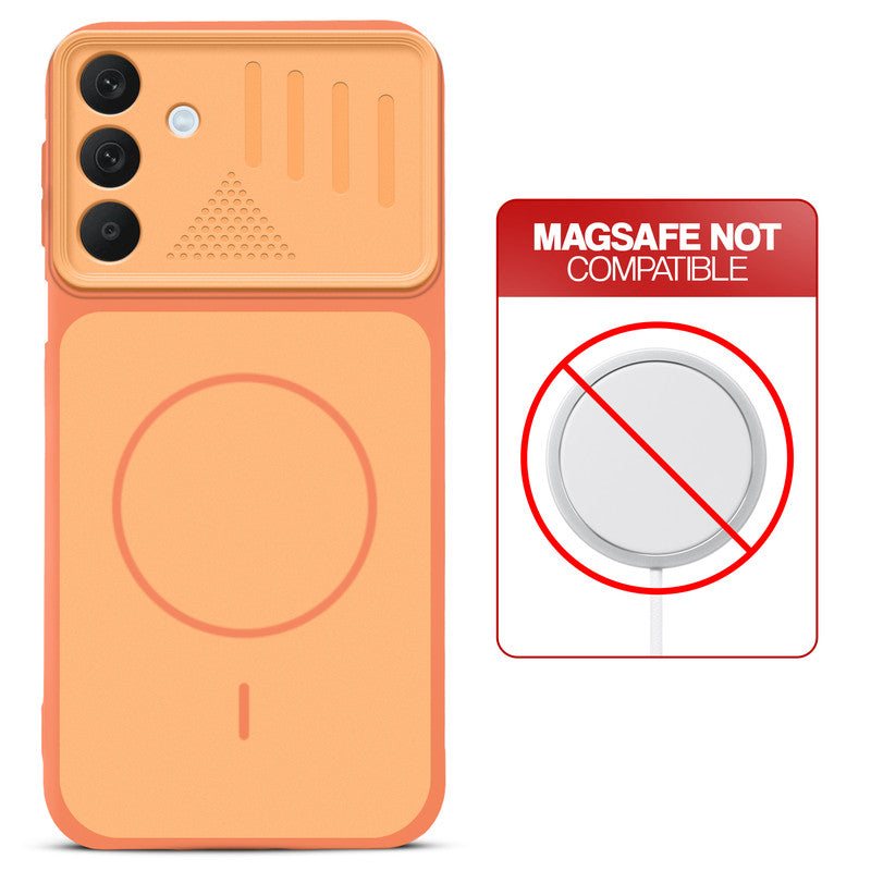 Orange back cover for Samsung A16 5G with printed ring pattern and message showing not compatible with MagSafe charging.