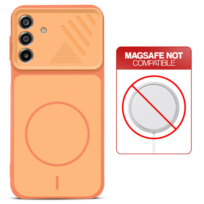 Orange back cover for Samsung A17 5G with printed ring pattern and message showing not compatible with MagSafe charging.