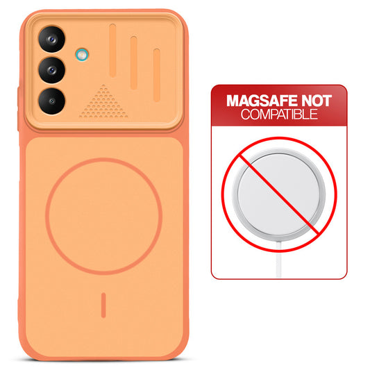 Orange back cover for Samsung A27 5G with printed ring pattern and message showing not compatible with MagSafe charging.