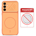 Orange back cover for Samsung A36 5G with printed ring pattern and message showing not compatible with MagSafe charging.