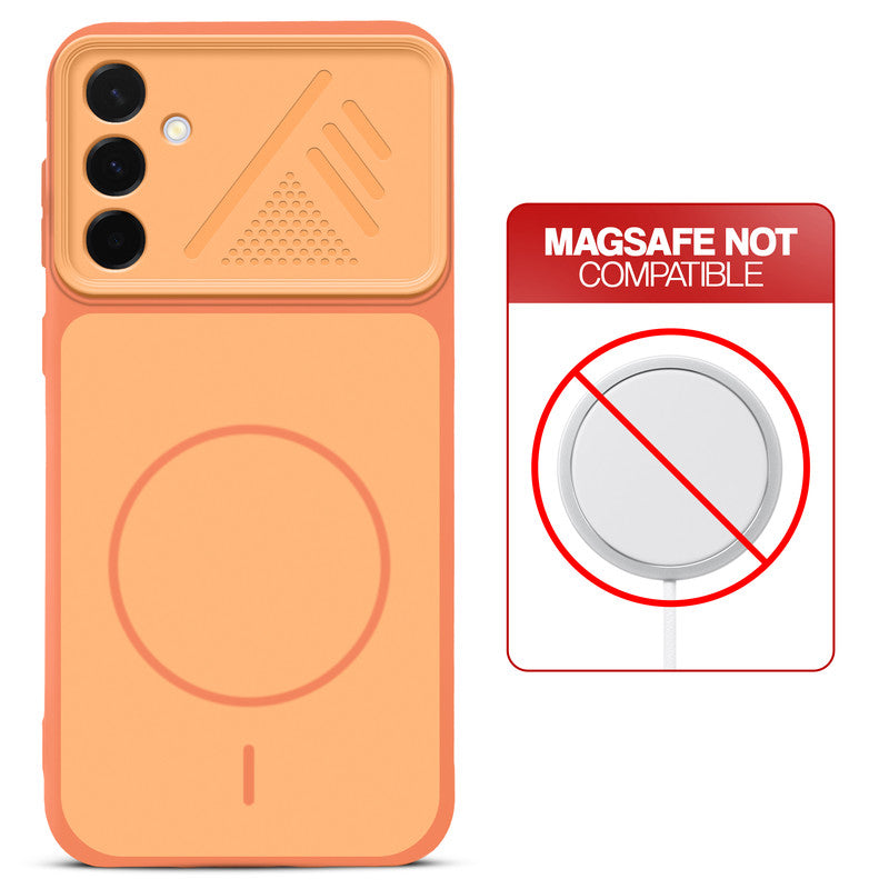 Orange back cover for Samsung A36 5G with printed ring pattern and message showing not compatible with MagSafe charging.