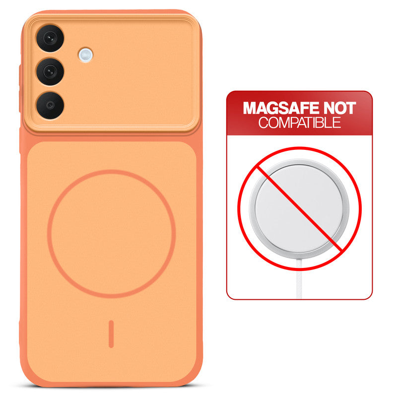 Orange back cover for Samsung A57 5G with printed ring pattern and message showing not compatible with MagSafe charging.