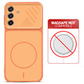 Orange back cover for Samsung F17 5G  with printed ring pattern and message showing not compatible with MagSafe charging.