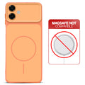 Dual tone silicone Orange phone cover for Samsung M07 showing wireless charging not supported notice