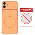 Orange back cover for Samsung M17e 5G with printed ring pattern and message showing not compatible with MagSafe charging.