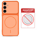 Orange back cover for Samsung S24 FE 5G with printed ring pattern and message showing not compatible with MagSafe charging.