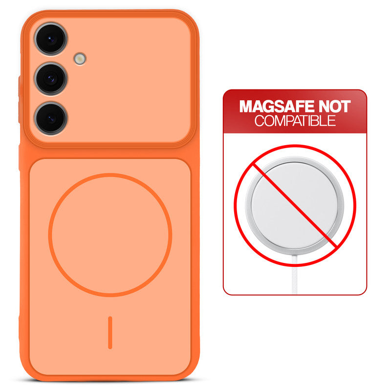 Orange back cover for Samsung S24 FE 5G with printed ring pattern and message showing not compatible with MagSafe charging.