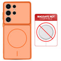 Orange back cover for Samsung S24 Ultra 5G with printed ring pattern and message showing not compatible with MagSafe charging.