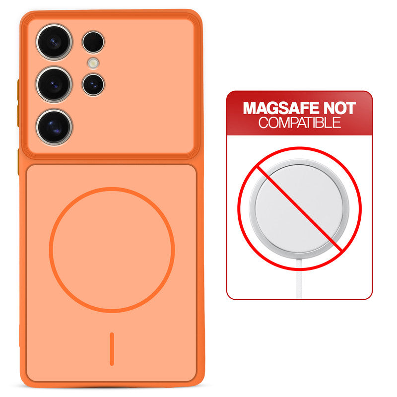 Orange back cover for Samsung S24 Ultra 5G with printed ring pattern and message showing not compatible with MagSafe charging.