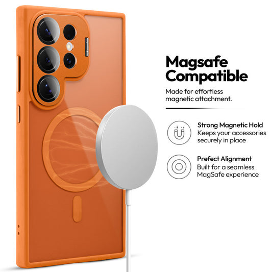 Samsung S25 Ultra 5G Case with MagSafe Compatibility, Flip-Open Camera Cover Stand, Glossy Glass Back & Metallic Buttons