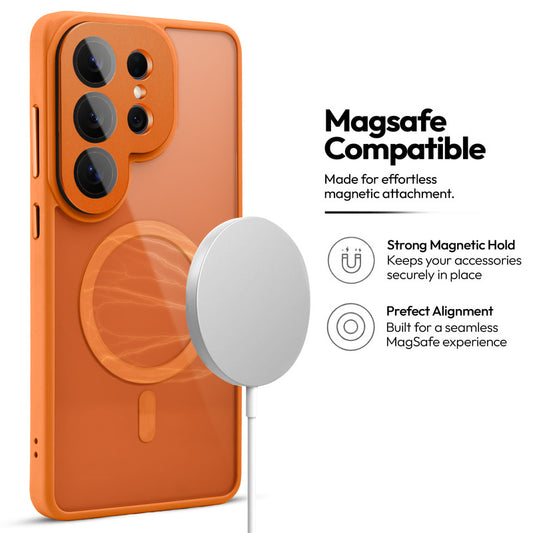 Samsung S26 Ultra 5G Case with MagSafe Compatibility, Flip-Open Camera Cover Stand, Glossy Glass Back & Metallic Buttons