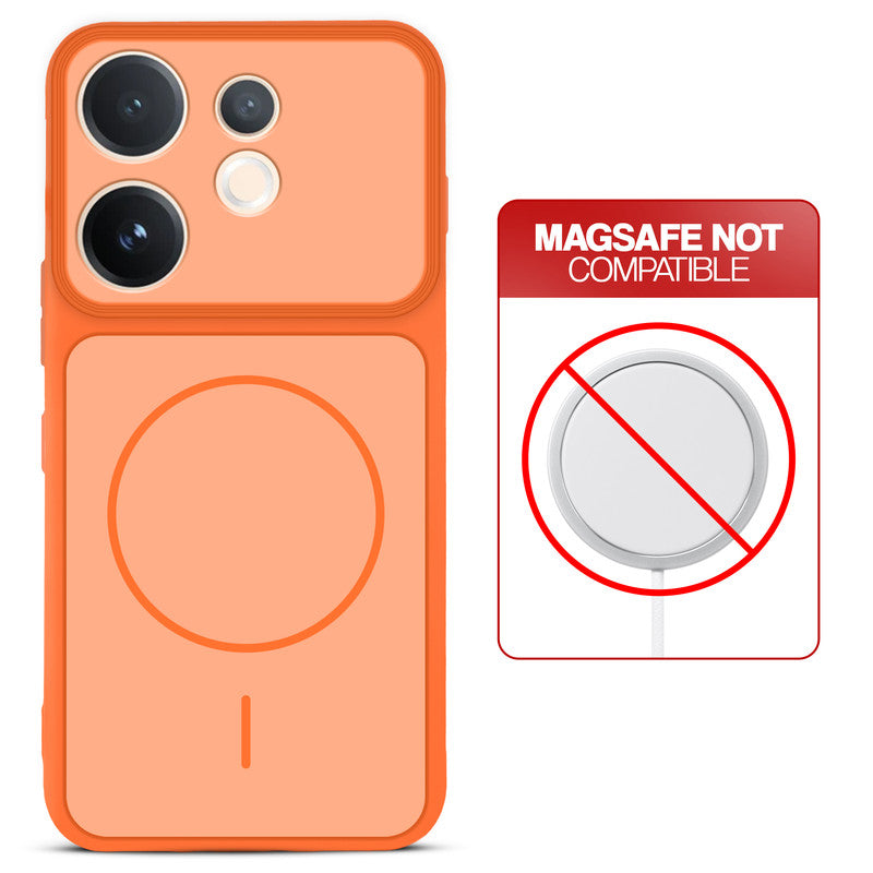 Orange back cover for Vivo T4 Pro 5G with printed ring pattern and message showing not compatible with MagSafe charging.