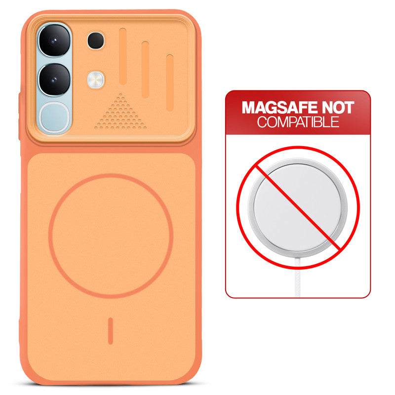 Orange back cover for Vivo T4x 5G with printed ring pattern and message showing not compatible with MagSafe charging.