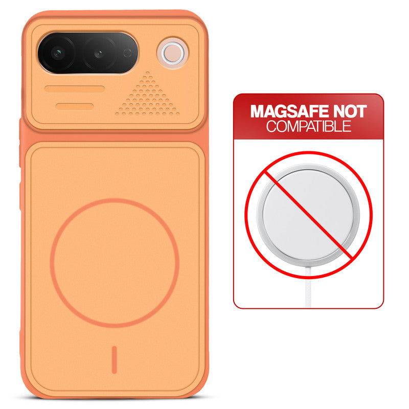Orange back cover for Vivo T5 5G with printed ring pattern and message showing not compatible with MagSafe charging.