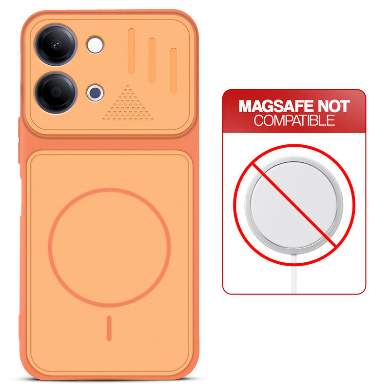 Orange back cover for Vivo T5 Lite 5G with printed ring pattern and message showing not compatible with MagSafe charging.
