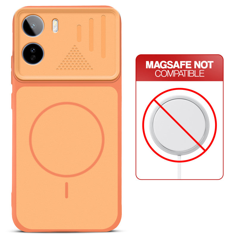 Orange back cover for Vivo T5 Pro 5G with printed ring pattern and message showing not compatible with MagSafe charging.