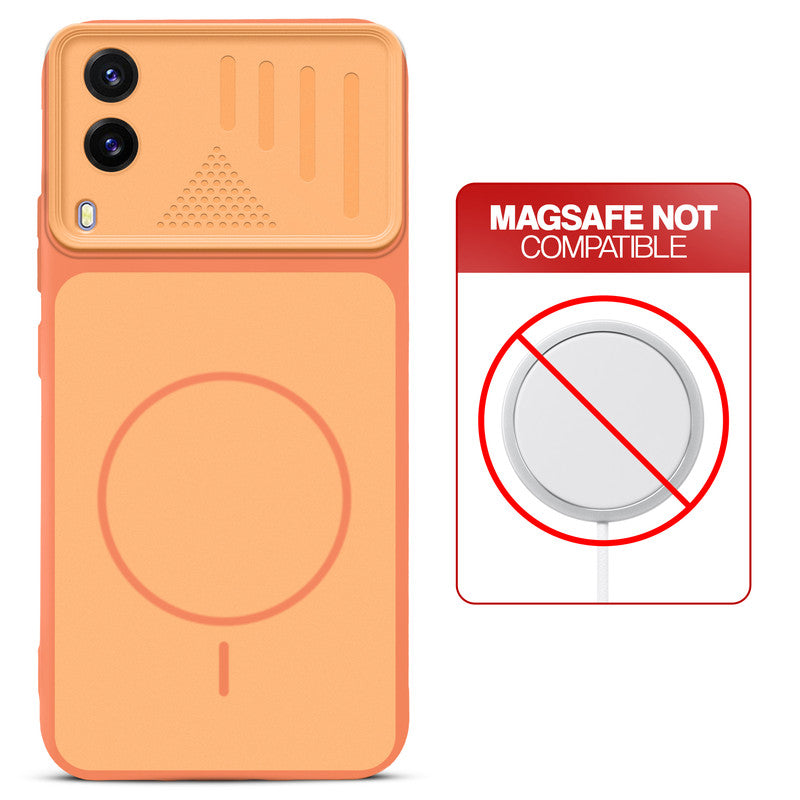Orange back cover for Vivo V21e 5G with printed ring pattern and message showing not compatible with MagSafe charging.