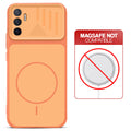 Orange back cover for Vivo V23e 5G with printed ring pattern and message showing not compatible with MagSafe charging.