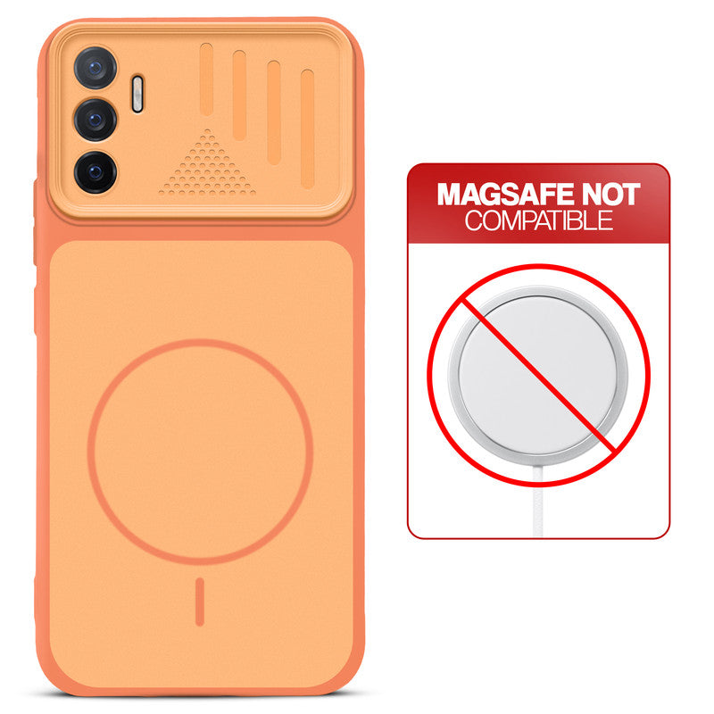Orange back cover for Vivo V23e 5G with printed ring pattern and message showing not compatible with MagSafe charging.