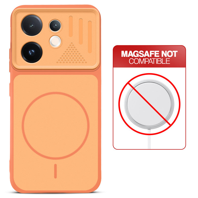 Orange back cover for Vivo V60 5G with printed ring pattern and message showing not compatible with MagSafe charging.