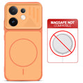 Orange back cover for Vivo V60E 5G with printed ring pattern and message showing not compatible with MagSafe charging.