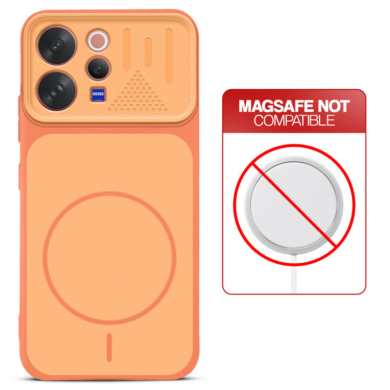 Orange back cover for Vivo V70 Elite 5G with printed ring pattern and message showing not compatible with MagSafe charging.