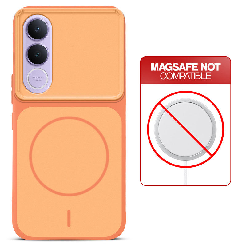 Orange back cover for Vivo V70 FE 5G with printed ring pattern and message showing not compatible with MagSafe charging.