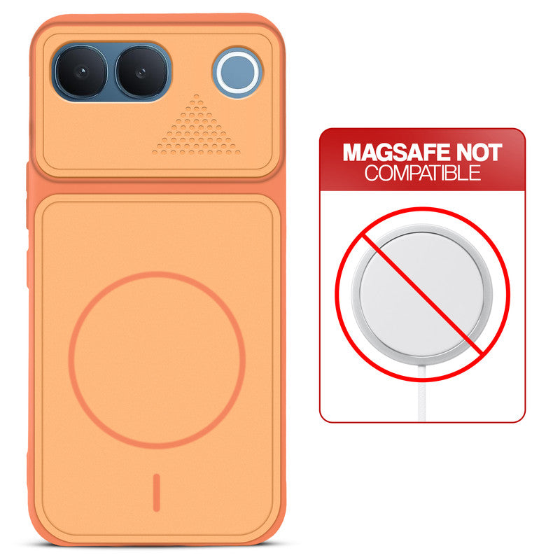 Orange back cover for Vivo V80 Lite 5G with printed ring pattern and message showing not compatible with MagSafe charging.