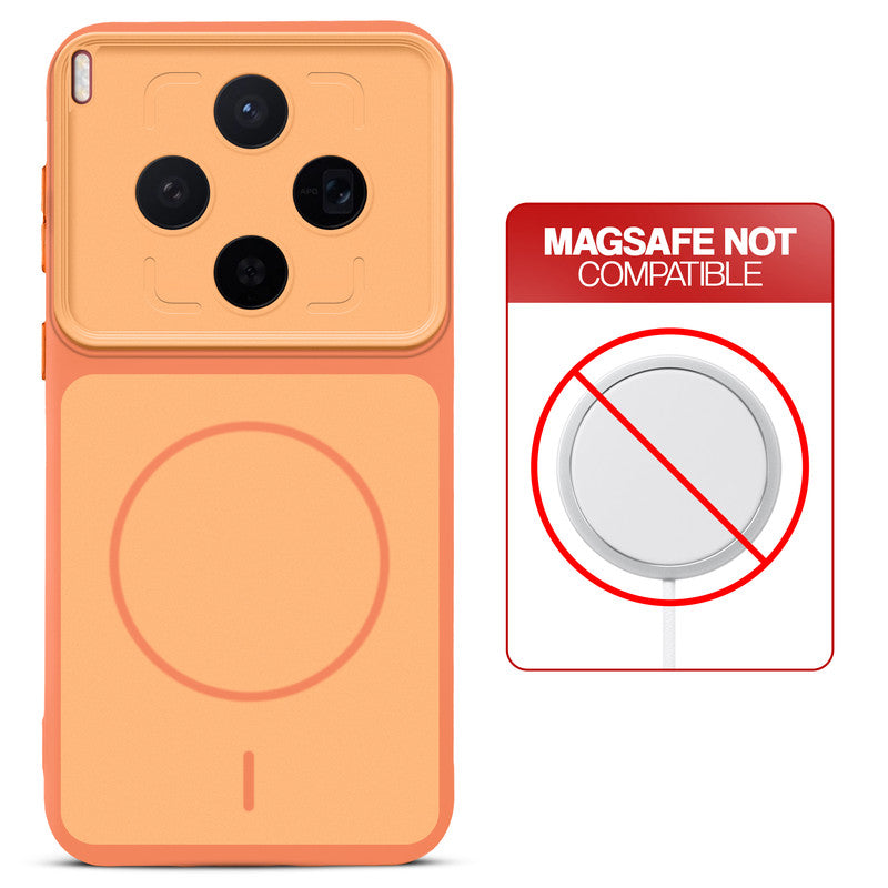 Orange back cover forMotorola Vivo X300 5G with printed ring pattern and message showing not compatible with MagSafe charging.