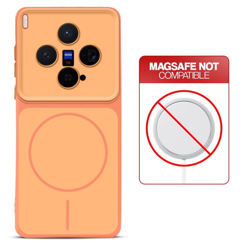 Dual tone silicone Orange phone cover for Vivo X300 5G showing wireless charging not supported notice