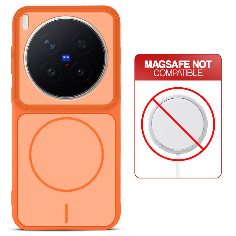 Orange back cover for Vivo X300 Pro 5G with printed ring pattern and message showing not compatible with MagSafe charging.