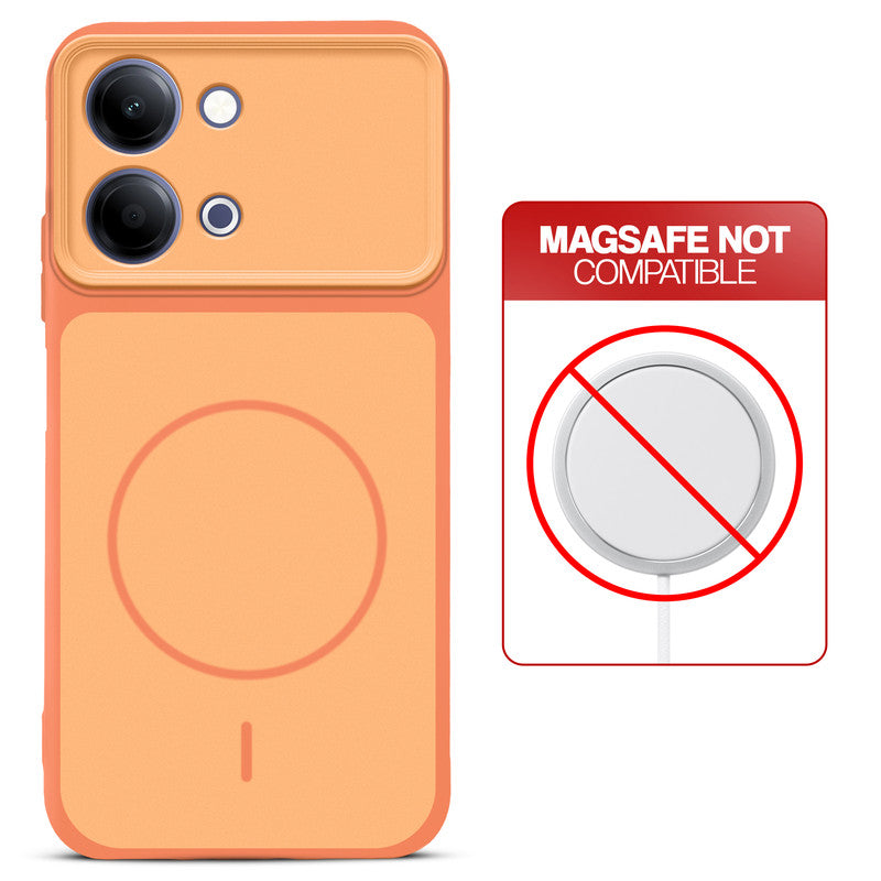 Orange back cover for Vivo Y11 5G with printed ring pattern and message showing not compatible with MagSafe charging.