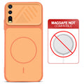 Orange back cover for Vivo Y20 with printed ring pattern and message showing not compatible with MagSafe charging.