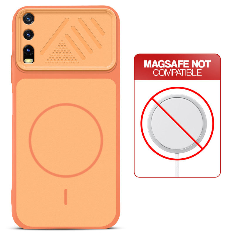 Orange back cover for Vivo Y20 with printed ring pattern and message showing not compatible with MagSafe charging.
