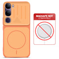 Orange back cover for Vivo Y300 5G with printed ring pattern and message showing not compatible with MagSafe charging.