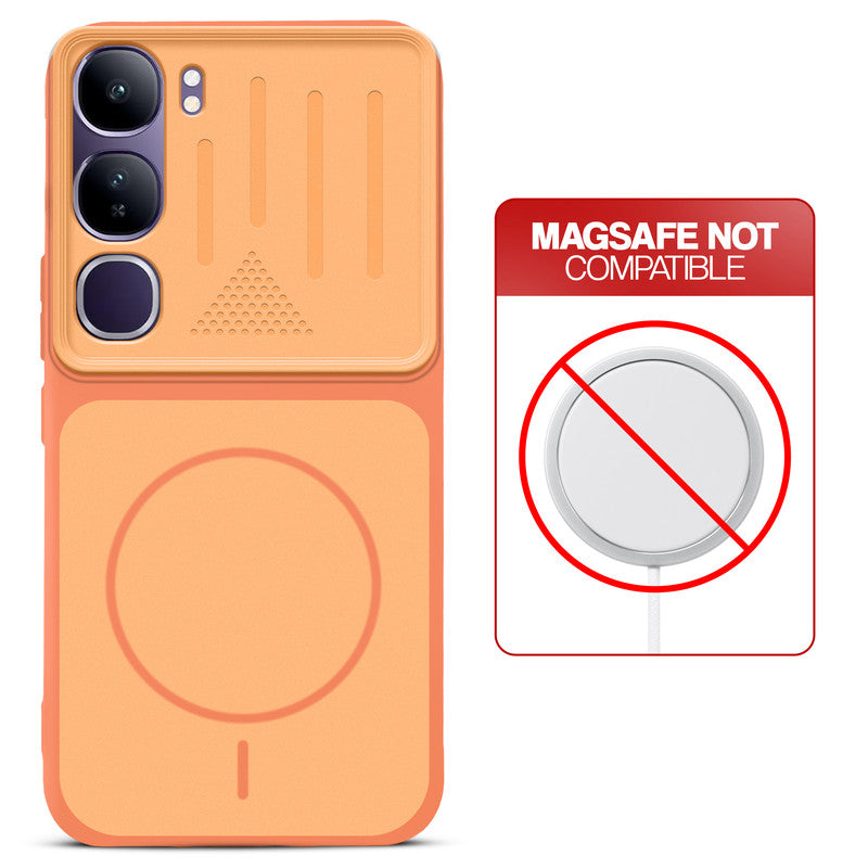 Orange back cover for Vivo Y300 5G with printed ring pattern and message showing not compatible with MagSafe charging.