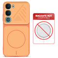 Orange back cover for Vivo Y31 Pro 5G with printed ring pattern and message showing not compatible with MagSafe charging.