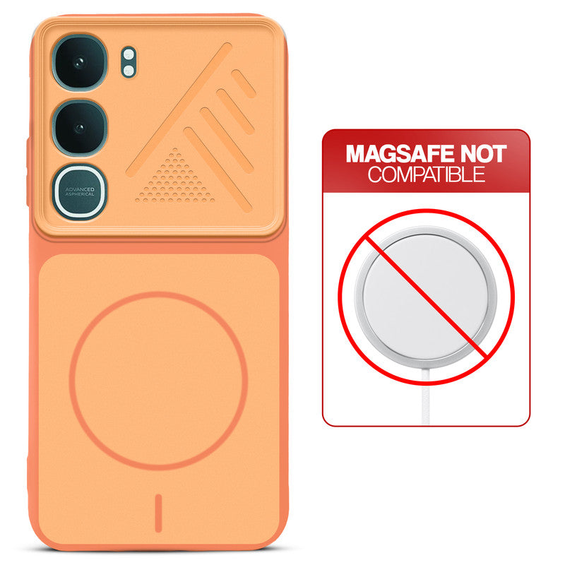 Orange back cover for Vivo Y31 Pro 5G with printed ring pattern and message showing not compatible with MagSafe charging.