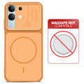 Orange back cover for Vivo Y31 5G with printed ring pattern and message showing not compatible with MagSafe charging.