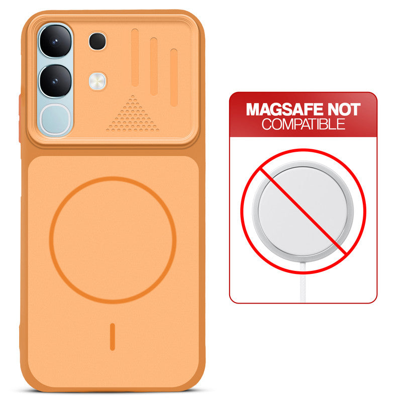Orange back cover for Vivo Y31 5G with printed ring pattern and message showing not compatible with MagSafe charging.