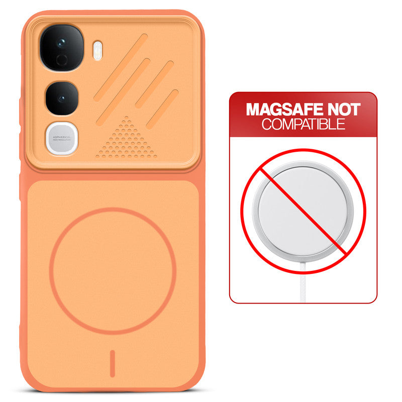 Orange back cover for Vivo Y400 Pro 5G with printed ring pattern and message showing not compatible with MagSafe charging.