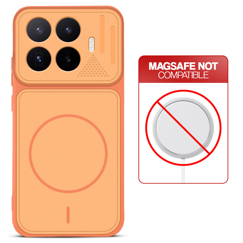 Orange back cover for Xiaomi 17T 5G with printed ring pattern and message showing not compatible with MagSafe charging.