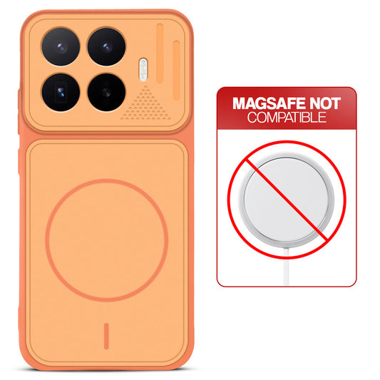 Orange back cover for Xiaomi 17T 5G with printed ring pattern and message showing not compatible with MagSafe charging.