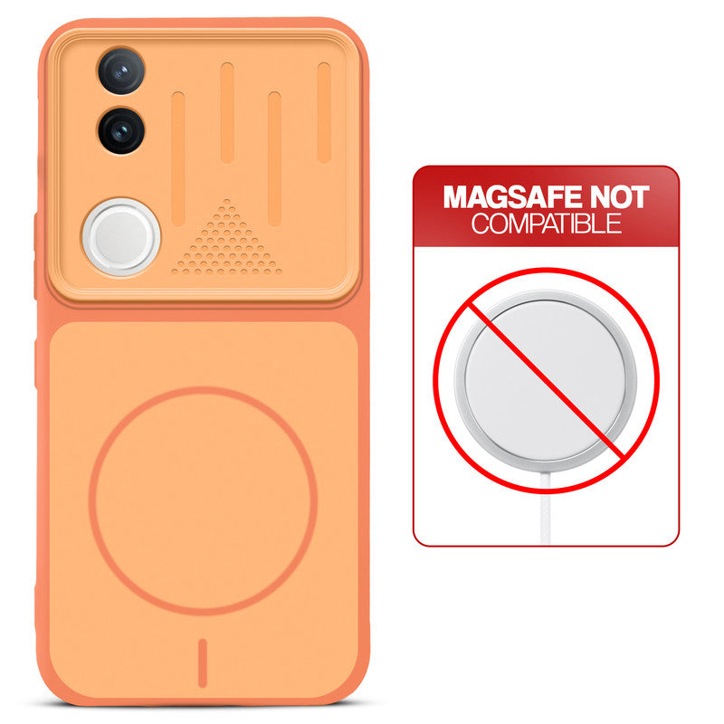 Orange back cover for iQOO Z10R 5G with printed ring pattern and message showing not compatible with MagSafe charging.
