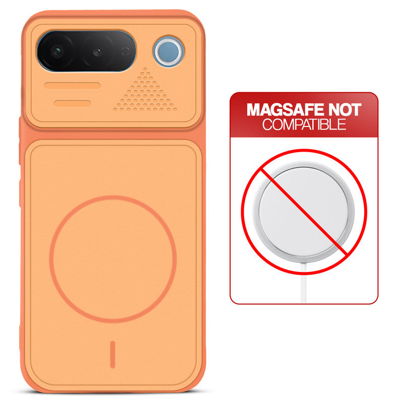 Orange back cover for iQOO Z11 5G with printed ring pattern and message showing not compatible with MagSafe charging.