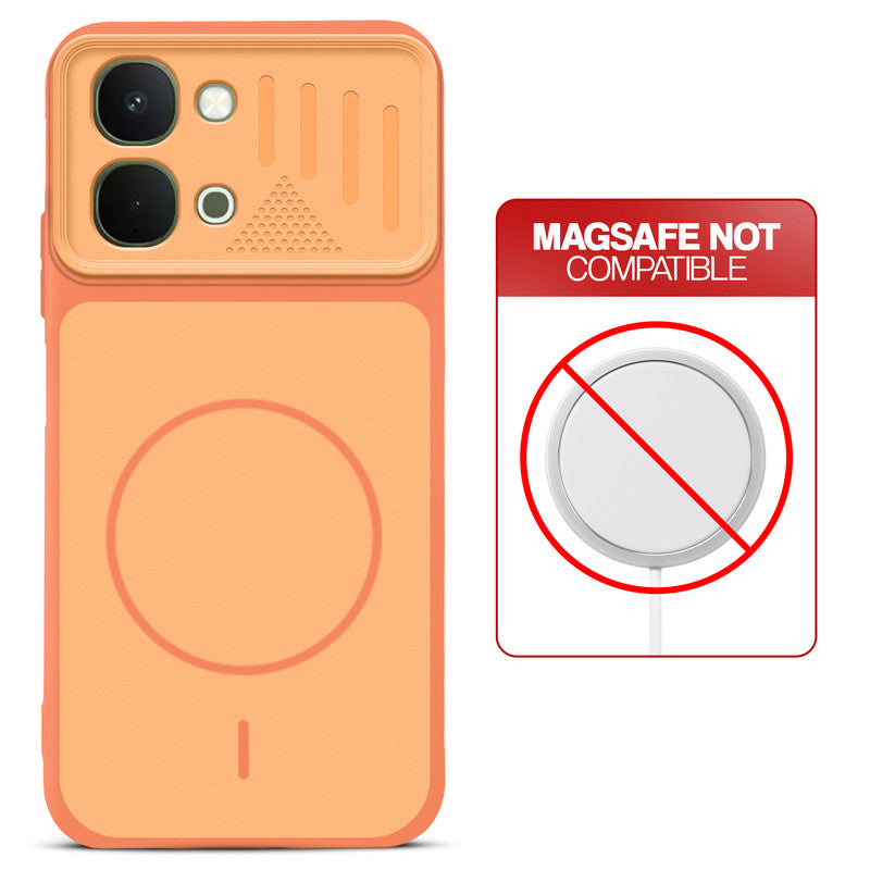 Orange back cover for iQOO Z11x 5G with printed ring pattern and message showing not compatible with MagSafe charging.