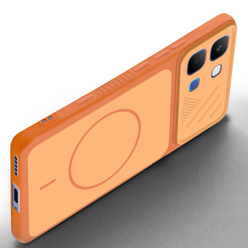 Angled view of Orange mobile case for Infinix Note Edge with proper charging port cutout, speaker holes and strong corner protection.